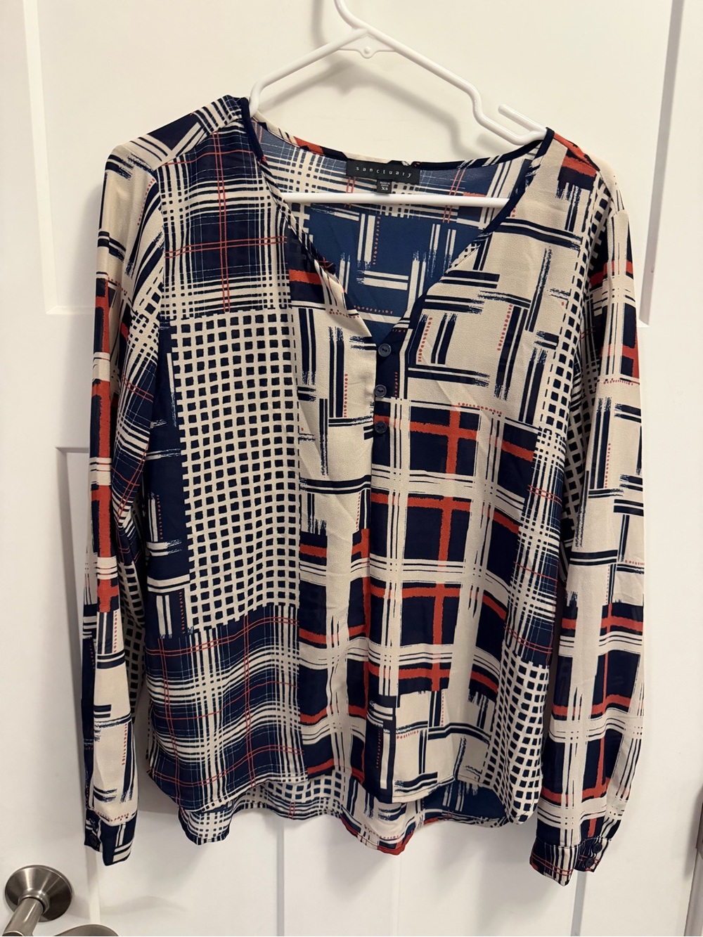 Sanctuary abstract Plaid Button-Front Long Sleeve Top - Navy, Cream & Rust